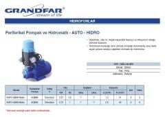 Grandfar AUTO-QB80-Hidro 1Hp 220V Preferikal Pompalı ve Hidromatlı Paket Hidrofor